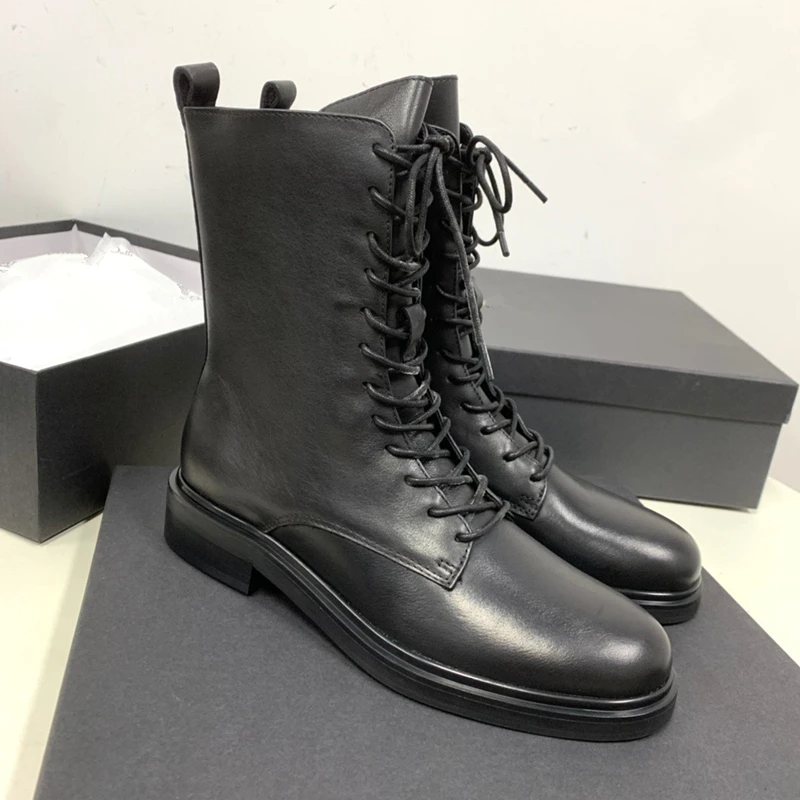 Dave&Di British Fashion Women's Shoes Retro Strap Motorcycle  Cowhide Thick Boots Sole Elevated Boots Women