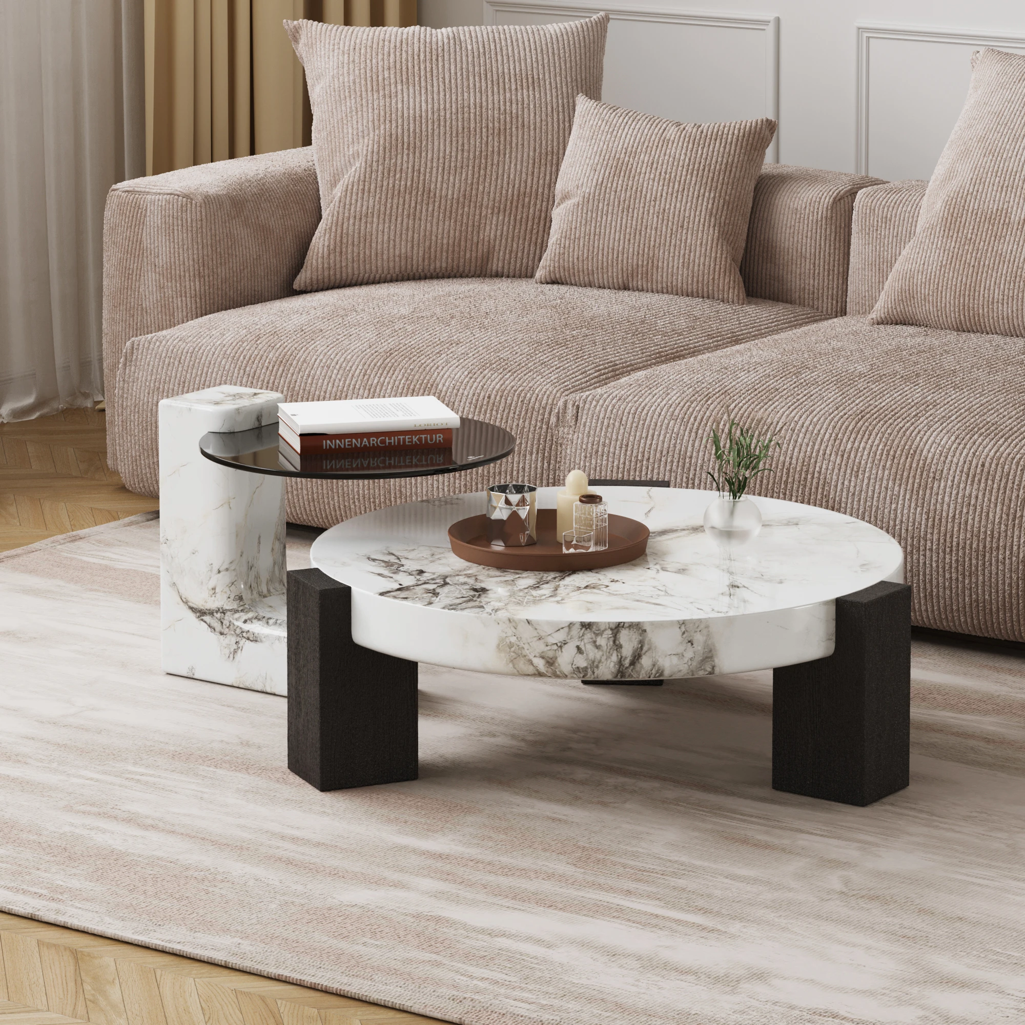 Atunus Italian Marble Coffee Table Living Room Light Luxury Size Round Combination Center Coffee Table Living Room Set