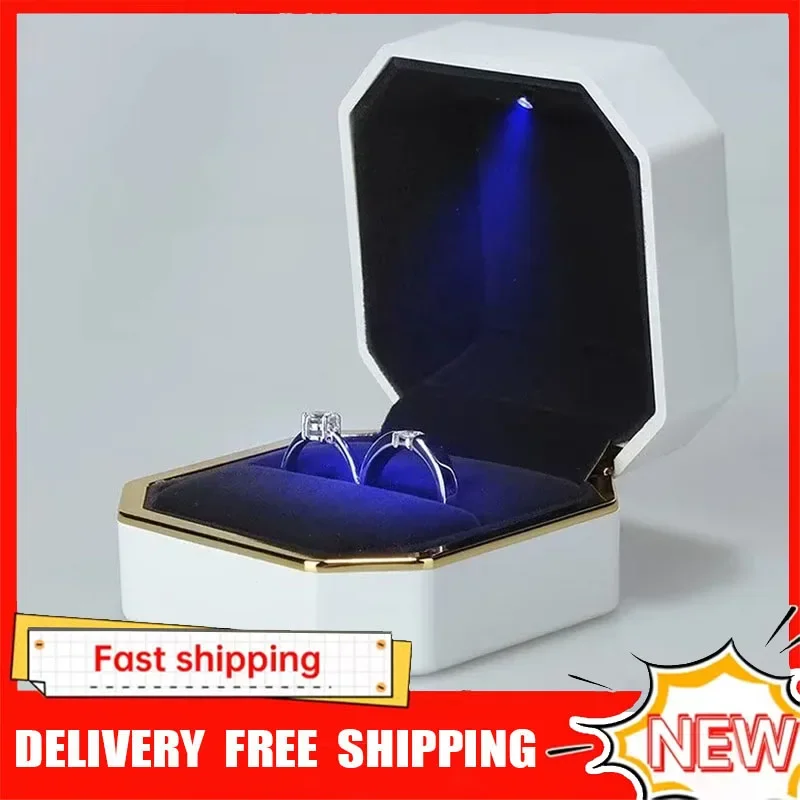 새로운 1개 고급 반지 상자 사각 벨벳 웨딩 반지 케이스 보석 선물 상자 LED 조명 포함 프로포즈 약혼 결혼