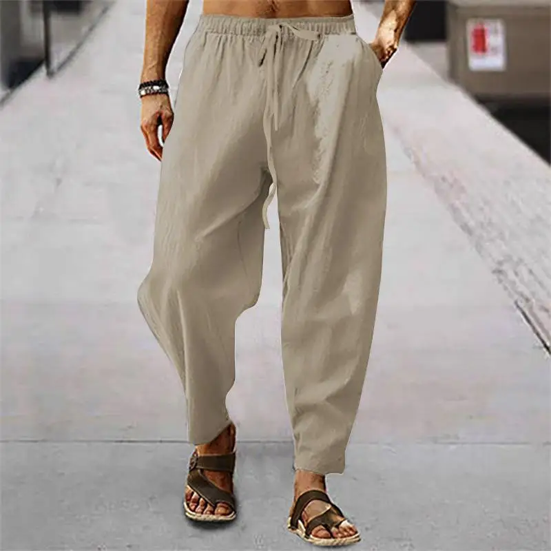 thumbnail image 1 of Pantalones casuales sueltos de lino y algodón transpirables de verano para hombre, 1 of 5