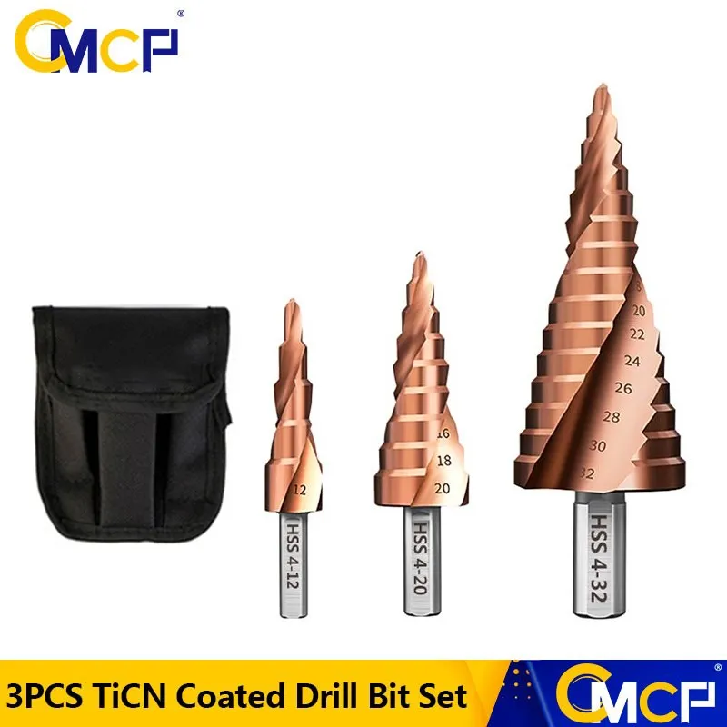 CMCP 3pcs HSS Step Drill Bit Set 4-12mm 4-20mm 4-32mm TiCN Coated  Core Drill Bit Wood Metal Hole Drilling 3pcs hex core step drill bit 4 12mm 4 20mm 4 32mm hss straight groove titanium coated wood metal hole cutter drilling power tool