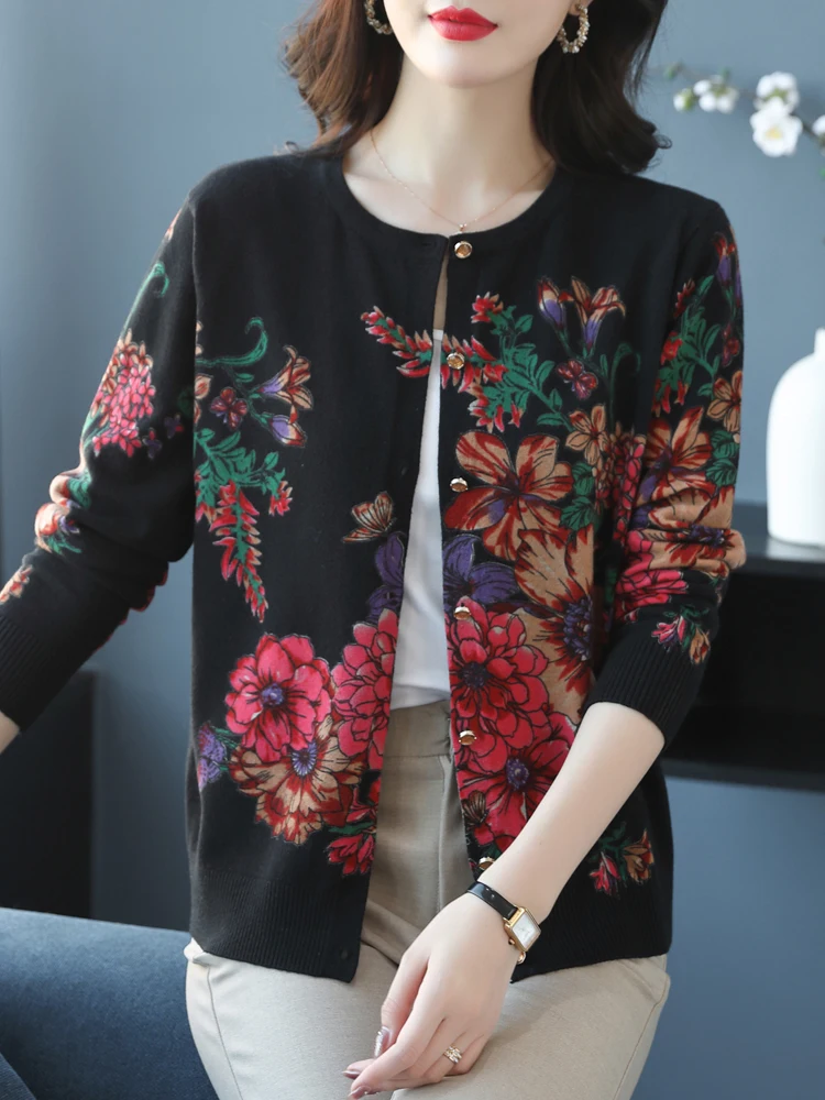 

Female Cardigan Autumn Spring Floral Print Knitted Sweaters Top Korean Fashion O Neck Soft Cardigans For Women