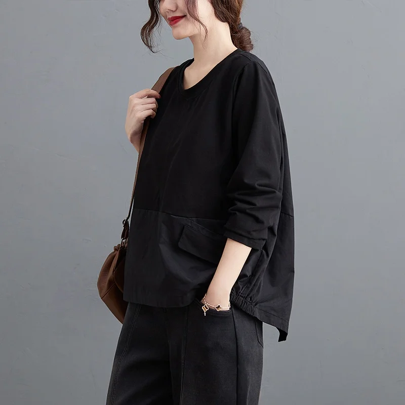 plus Size Women's Faionable Loose Long Sve round Ne T-irt Autumn Boting irt Artistic Sle Casual Cotton Tee