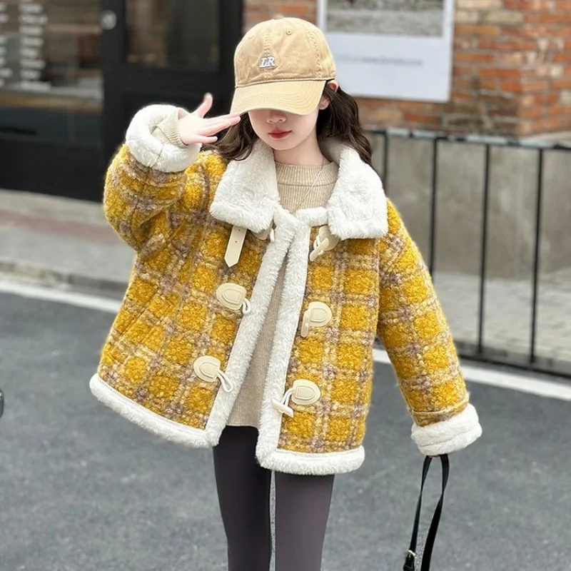여자 울 코트 겨울 따뜻한 패션 어린이 의류 청소년 모든 일치 두꺼운 격자 무늬 플러시 자켓 겉옷 6-18 년