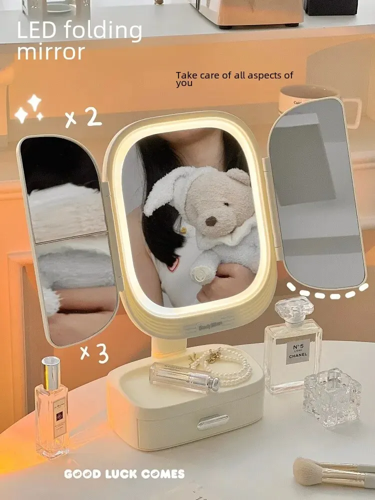 기숙사용 데스크탑 메이크업 거울 조명, 접이식 쉘 거울, 침실 데스크탑 화장대 조명