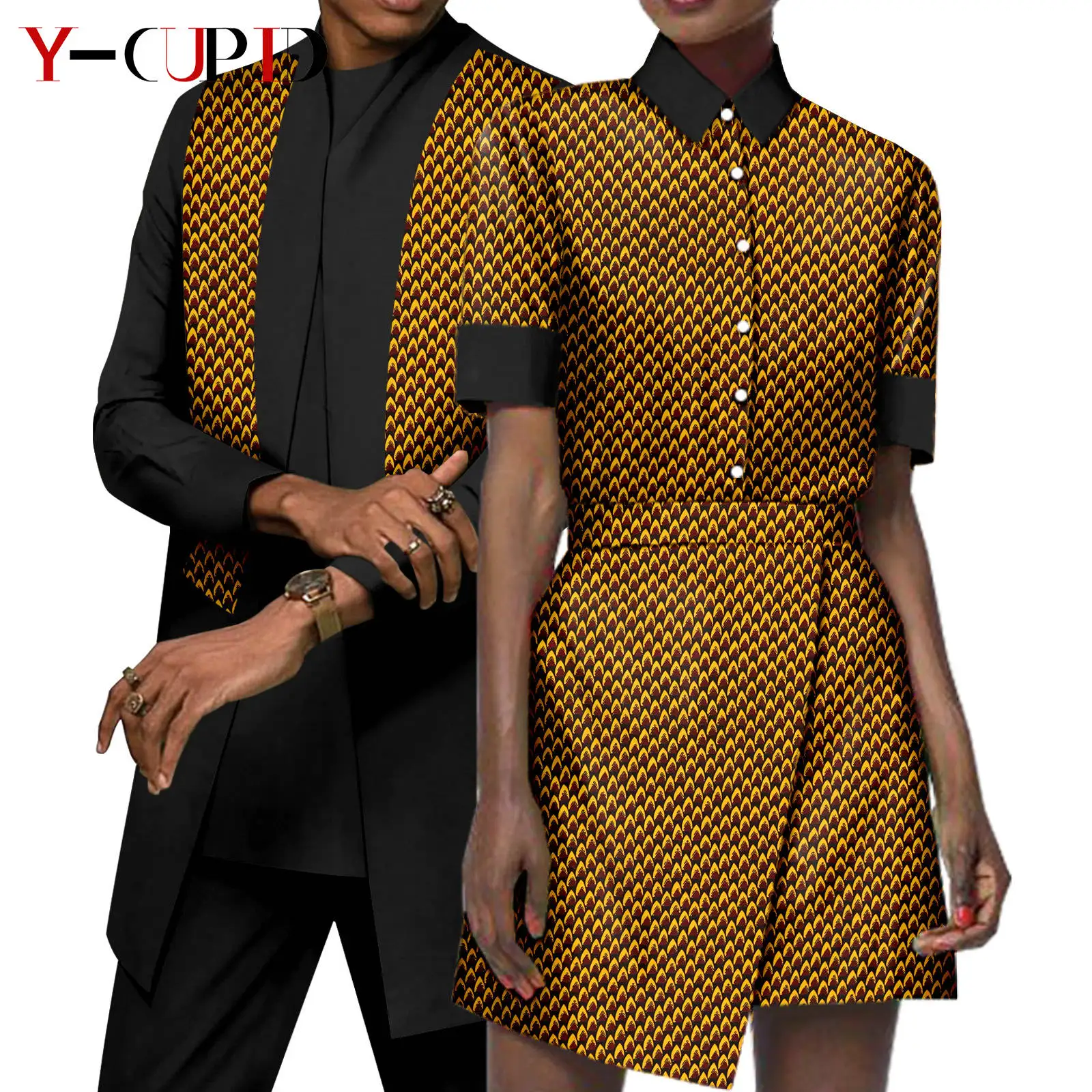 African Couple Matching Clothes Dashiki Sexy Women Print Crop Top and Skirts Sets Men 3 Pieces Suits Top + Pant + Vest Y23C073