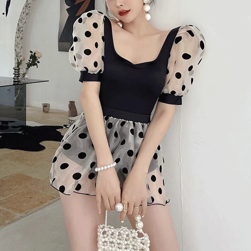 Vintage Wave Point Printed 2023 New Women's Slim Thin Puff Short Sleeve With Chest Pad Without Steel Support Vacation Swimwears