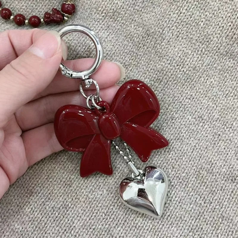 Cute Spring Buckle Red Love Key Chain Acrylic Fashion Bow Pendant Keychain Creative Bag Hanging Decoration Bag Accessories