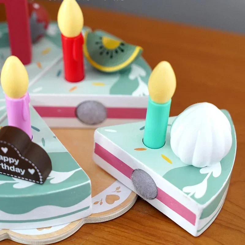 Montessori Wooden Pretend Cutting Birthday Cake Set Kitchen Game Early Education Toy Encourages Imaginative Play Child Fun Gift images - 6