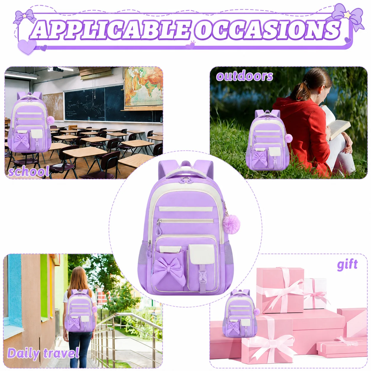 3pcs School Backpack Set Bowknot Cute Bookbag Kit Girls Nylon Multi Pocket Rucksack Pack Kids Lunch Box Pencil Case 5