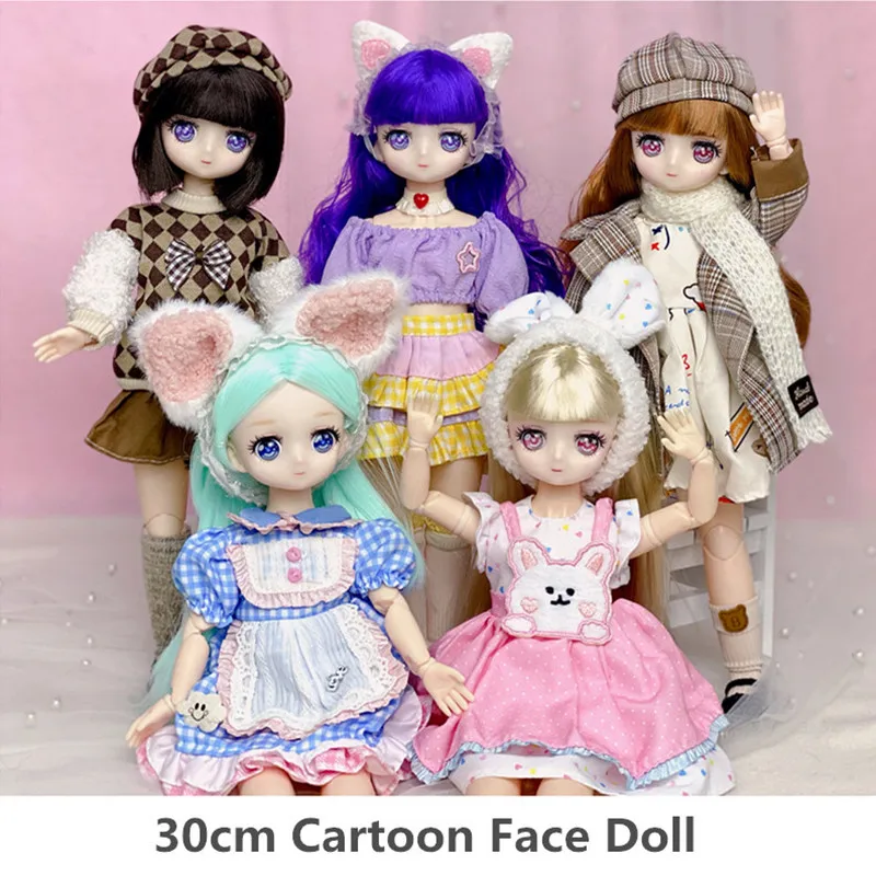 

New 30cm Bjd Doll 6 Points Anime Cartoon Face Doll 3D Eyes 20 Joints Movable DIY Princess Skirt Girl Birthday Gift Children Toy