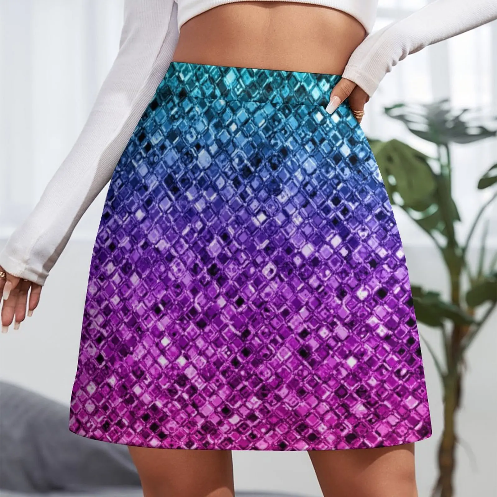 Teal Purple Pink Gradient Faux Sparkly Sequins Mini Skirt skirt skirt mini korean style women clothing summer clothes
