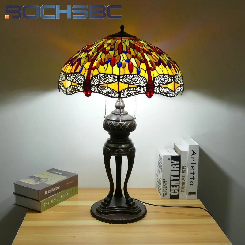 BOCHSBC  스타일 스테인드 글라스 앤티크 레트로 책상 램프, 따뜻한 침실 침대 옆 테이블 램프, 거실 호텔 빌라 LED 장식