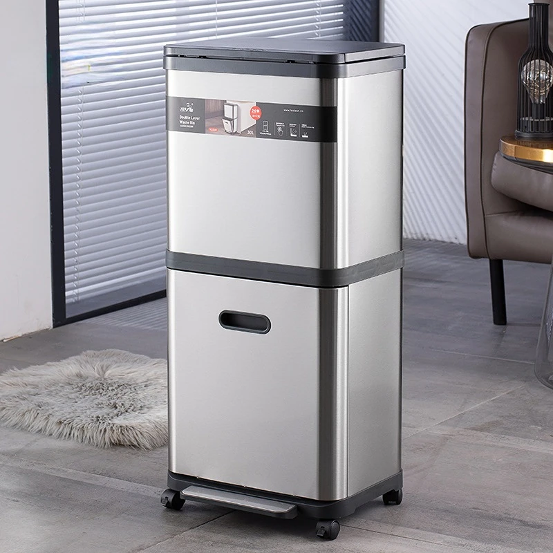

Stainless steel double-layer trash can Household alloy high-grade kitchen classification pedal garbage can