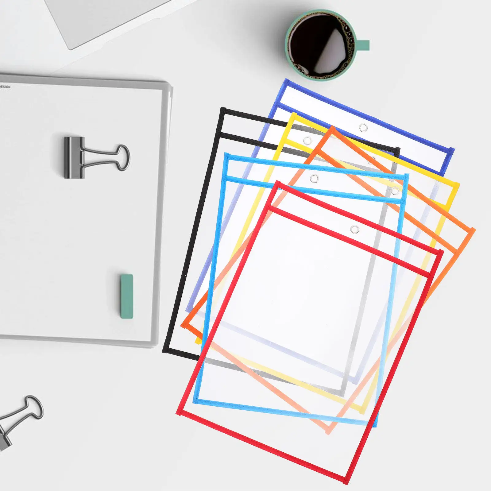 6Pcs 건식 지우기 포켓 교사 학생 교실 용품을 위한 재사용 가능한 투명 슬리브 종이 시트 보호