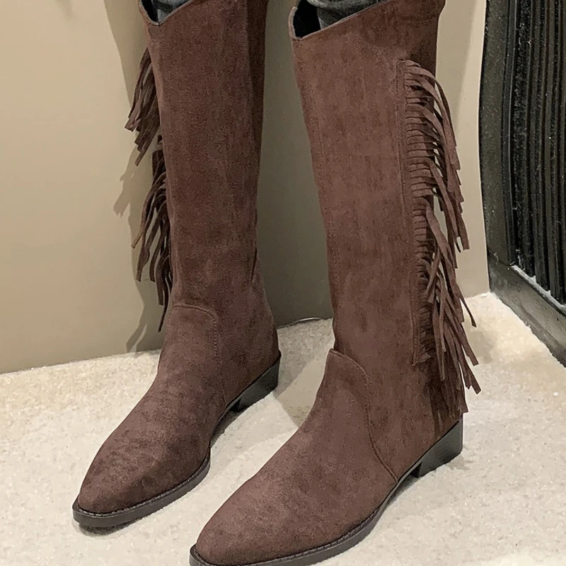 2023 Shoes Female Knee-High Women's Boots Fashion Fringe Modern Boots Women Sexy Pointed Toe Square Heel Shoes Female Zapatos