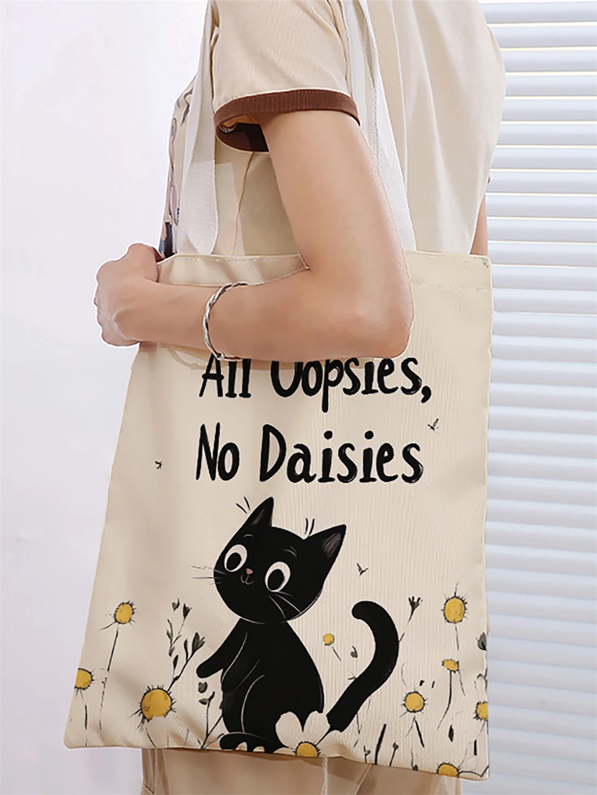 Cartoon cat print casual handbag, reusable fashion backpack, versatile tote bag, canvas shopping bag