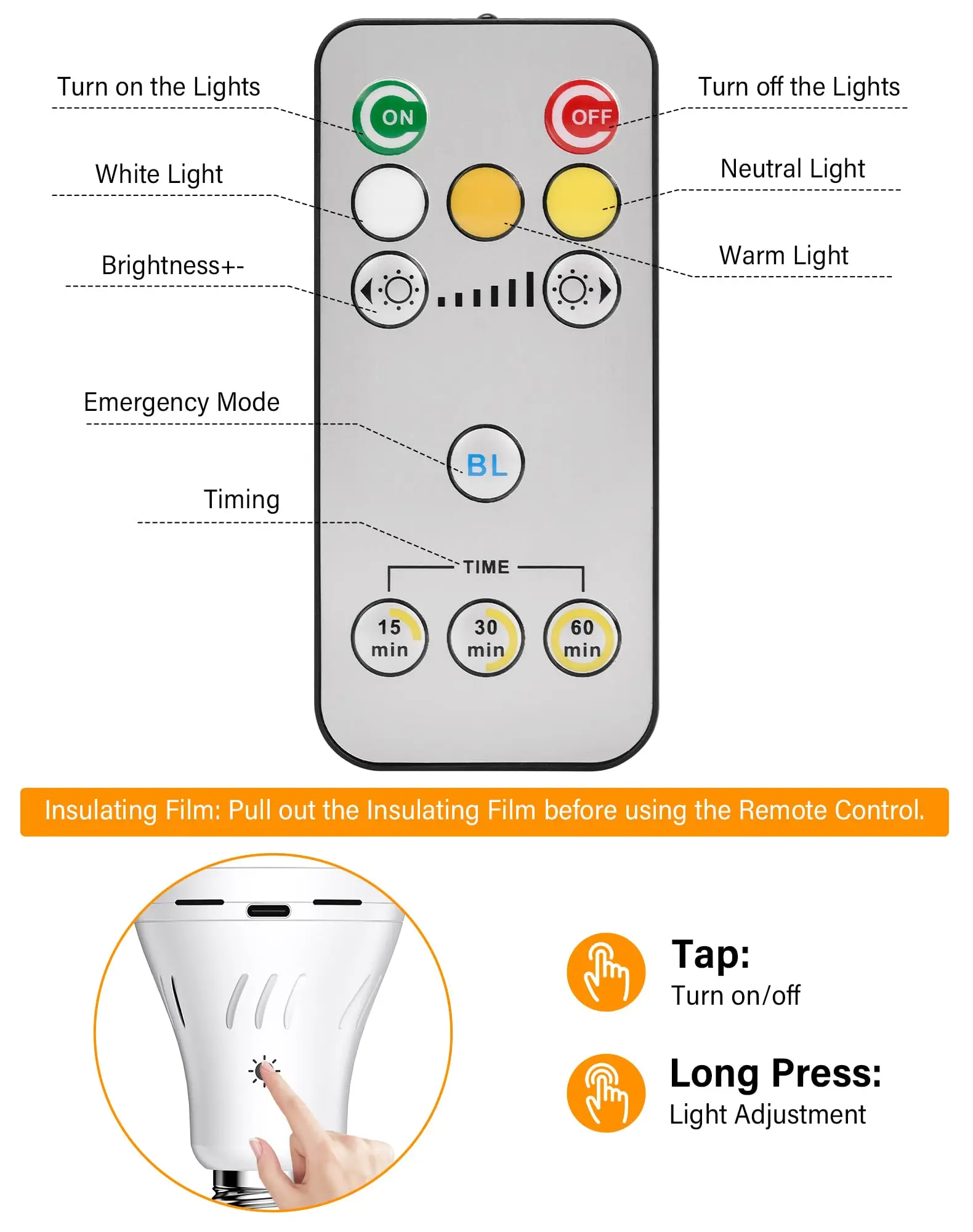 Rechargeable Bulbs Suitable for E27 with Remote Control 9 W Long Battery Life Adjustable Brightness White/Warm Light for Camping