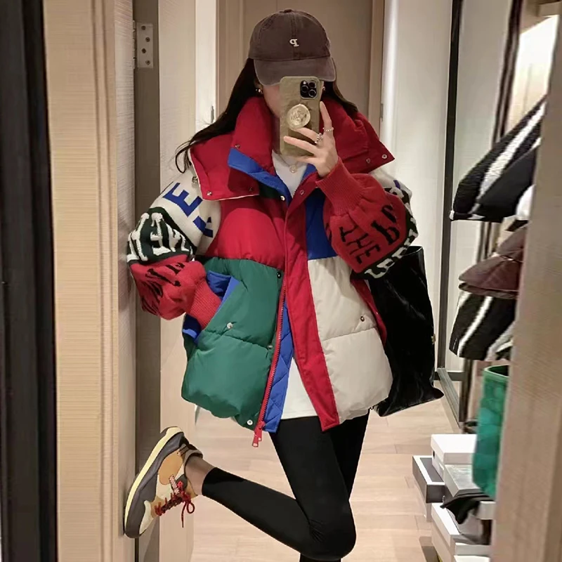 

2023 New Fashion Streetwear Letter Stitching Puffer Jacket Women's Loose Parkas Winter Female Thick 90% Duck Down Coat
