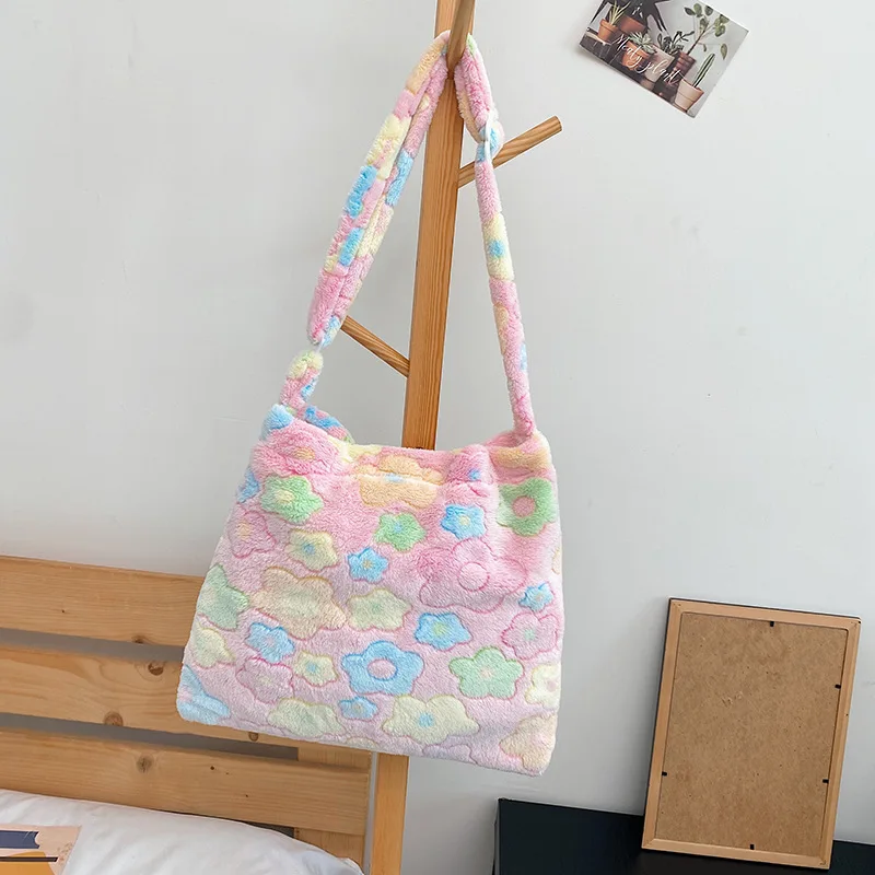 Fashion Flowers Shoulder Crossbody Bags For Women Soft Plush Shopper Totes Female Large Capacity Handbag Warm Fluffy Bucket Bags