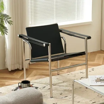 Poltrona Singola in Pelle e Acciaio Inox per Soggiorno, Reclinabile Ergonomica con Schienale per Piccoli Spazi e Balconi