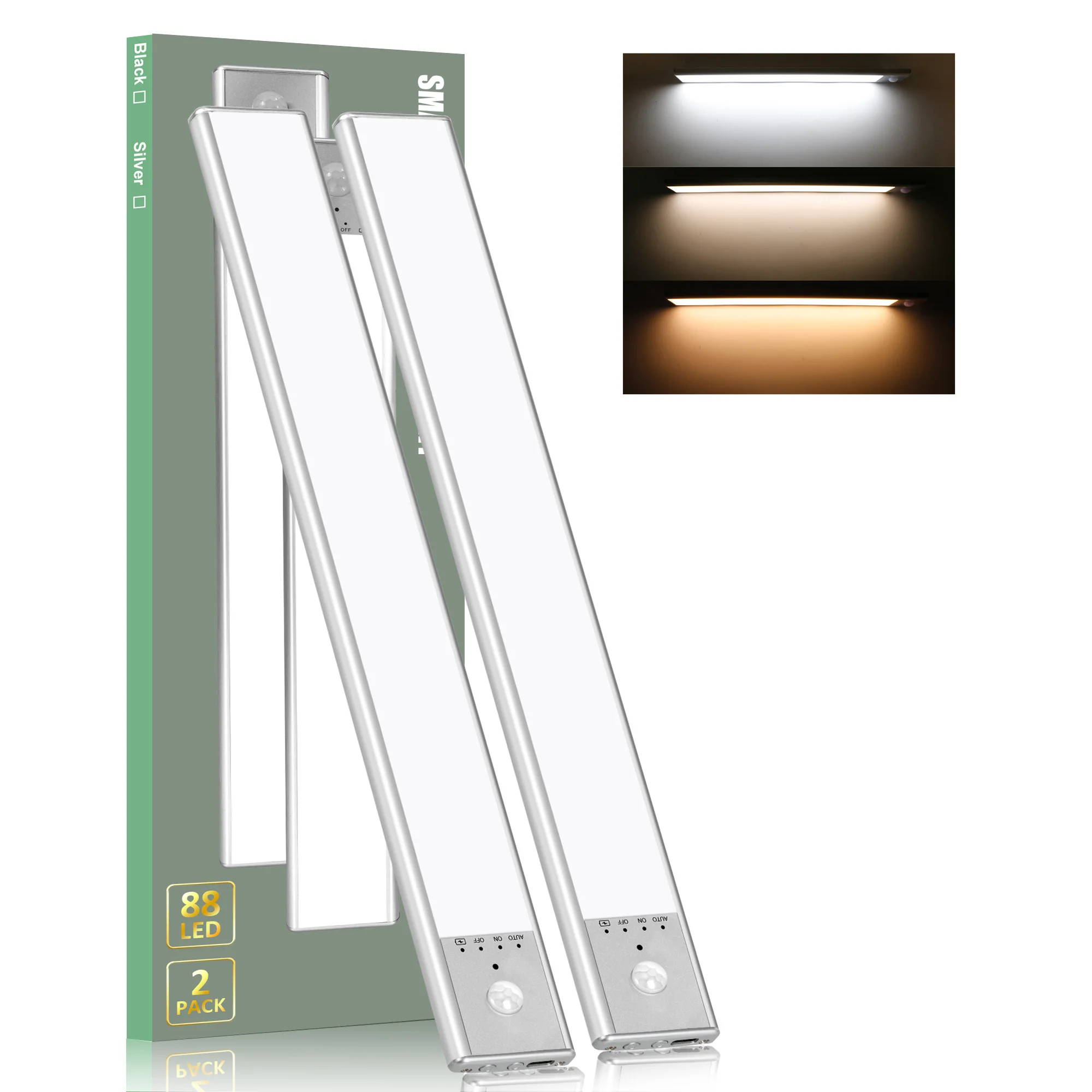 

Светодиодная лампа с перезаряжаемым USB датчиком движения трех цветов в одном шкафу для внутреннего освещения кухонного шкафа (2 шт.)