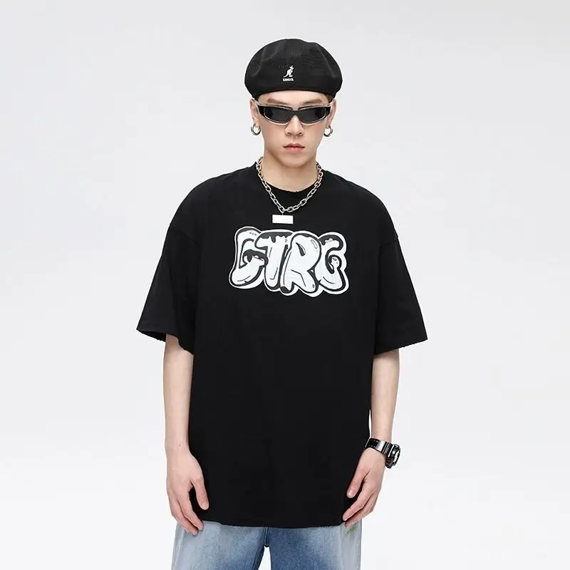 

American design graffiti print short-sleeved men and women niche versatile college style trendy simple couple style ins T-shirt