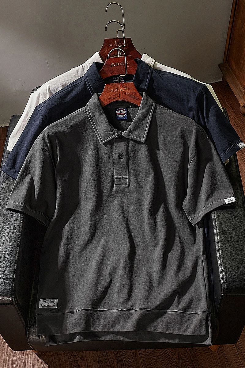Summer New American Retro Short-sleeved Lapel Solid Color Polo T-shirt Men\'s Simple 100% Cotton Washed Business Casual Tops