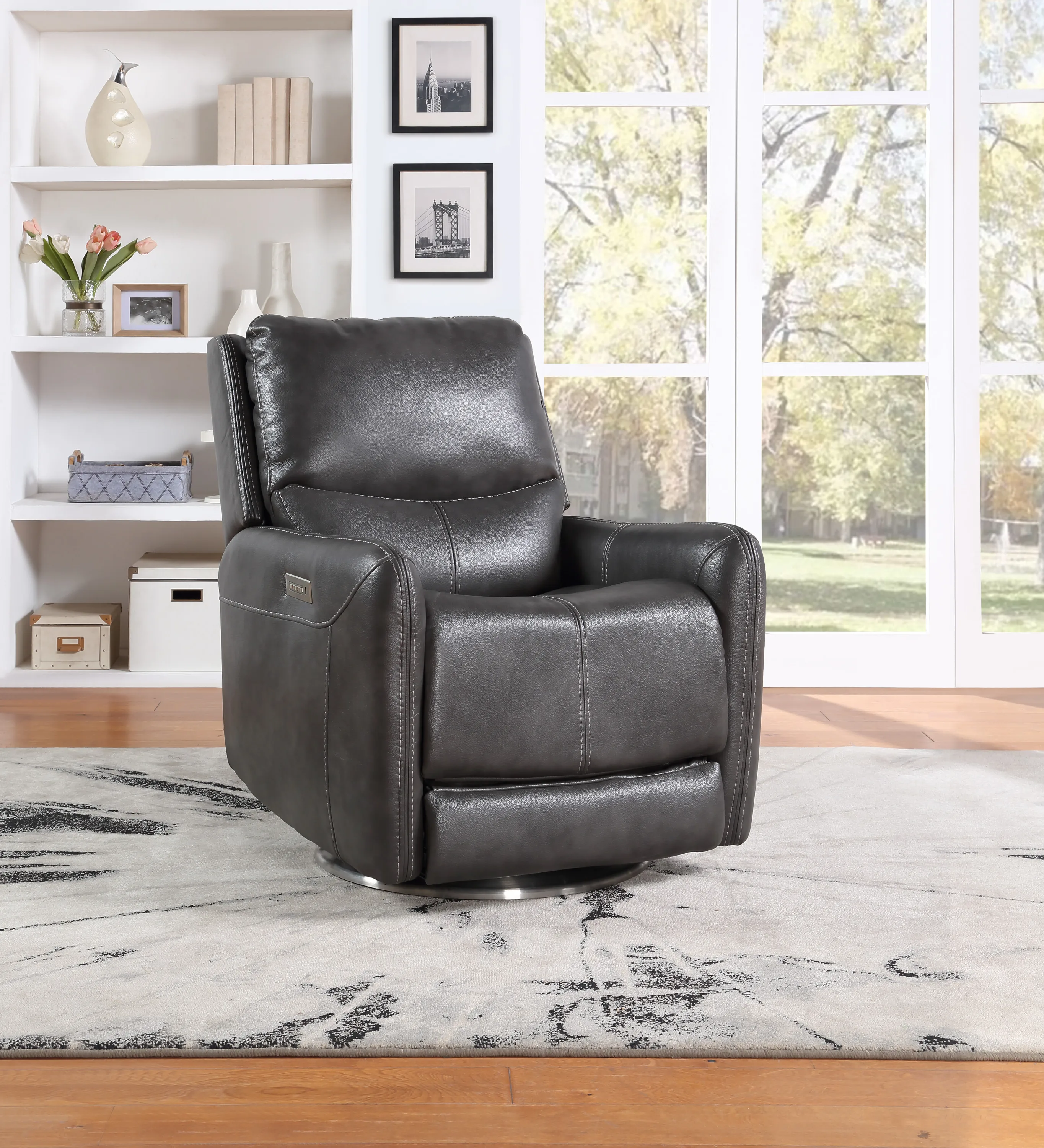 

Elegant Triple-Power 360 Swivel Recliner - Pencil Arms, Power Footrest, Power Headrest, Power Lumbar - Swivel Design, Charcoal F