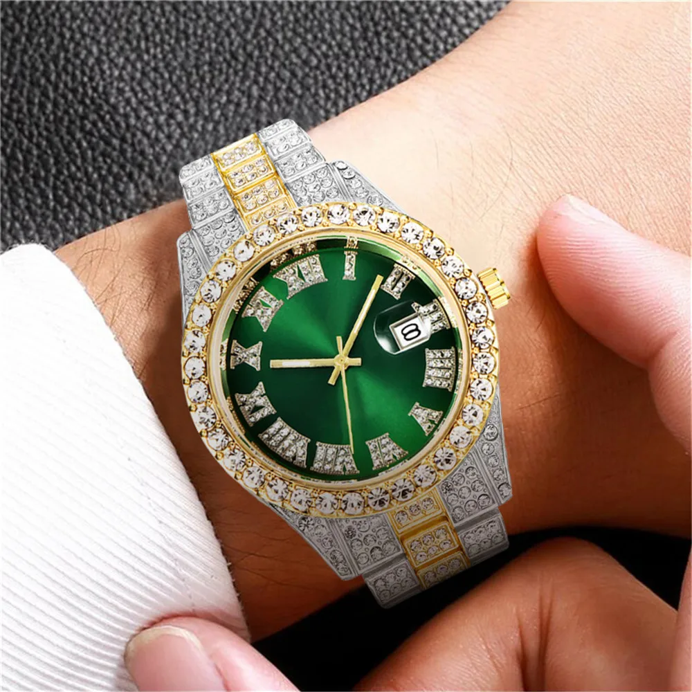 Bling Bling Watch for Men Luxury Rhinestone Full Iced Out Watch Clock Big Red Dial Military Hip Hop Wristwatch Relogio Masculino