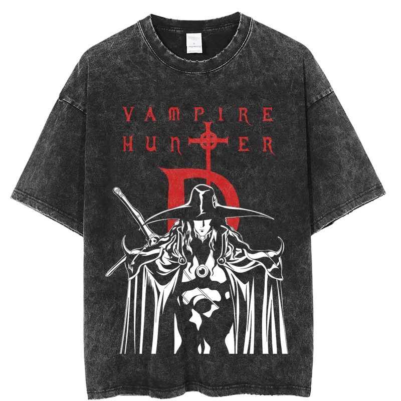 

Anime T-shirt Acid Wash T Shirt 2022 Summer Vintage Unisex High Street VAMPIRE HUNTER D Pattern Oversize Mens Graphic T-Shirts