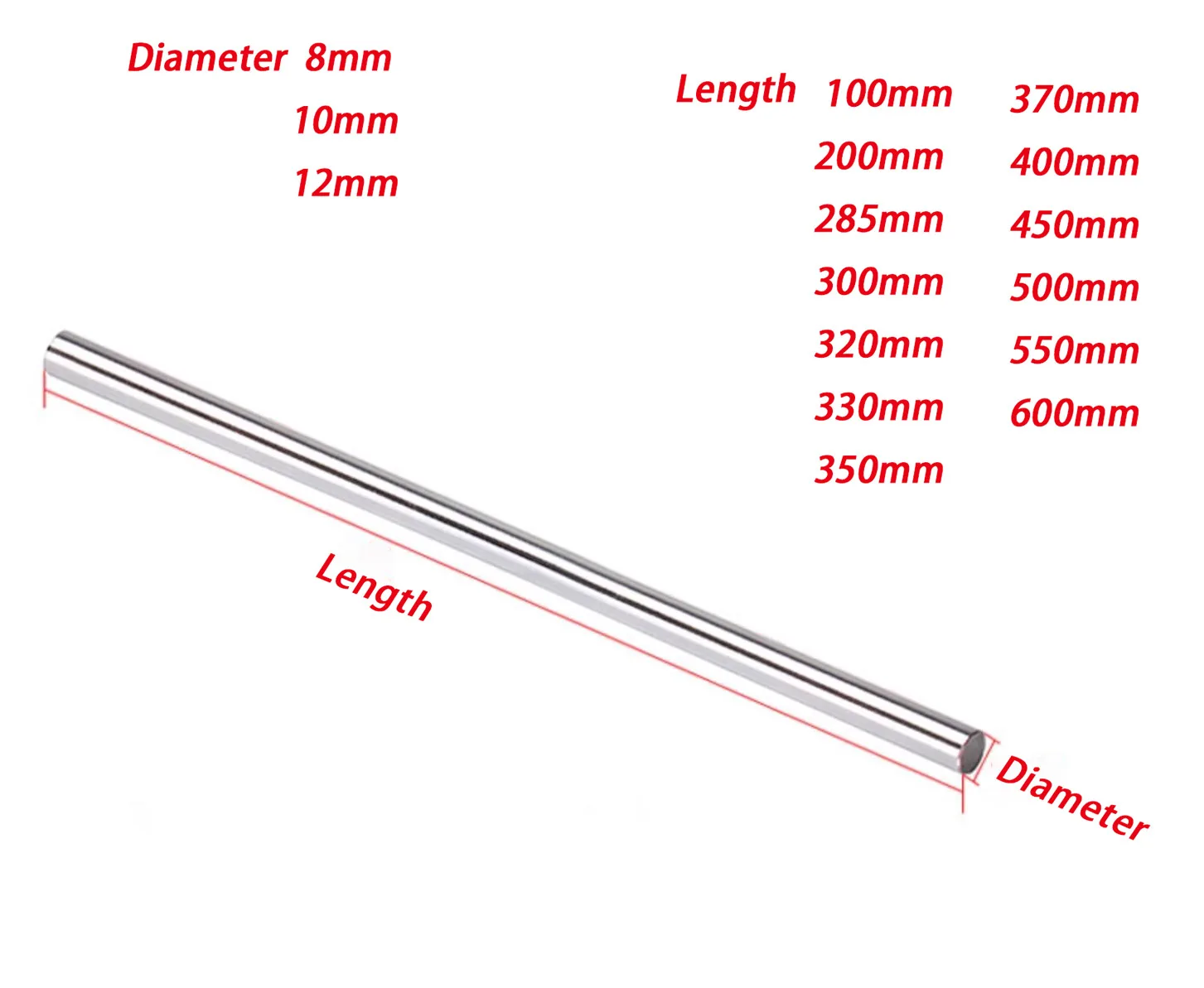 8mm 10mm 12mm Chrome Plated Bushing Rod Axial Axis, Hardened Linear Axis, Stainless Steel Round Bar Guide Rai
