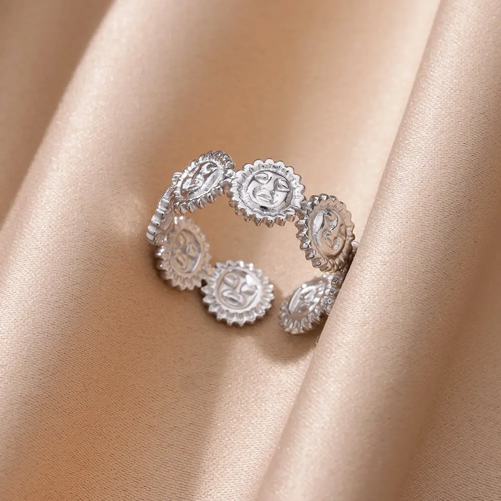 Vintage Sun Face Rings Women Gold Stainless Steel Adjustable Ring