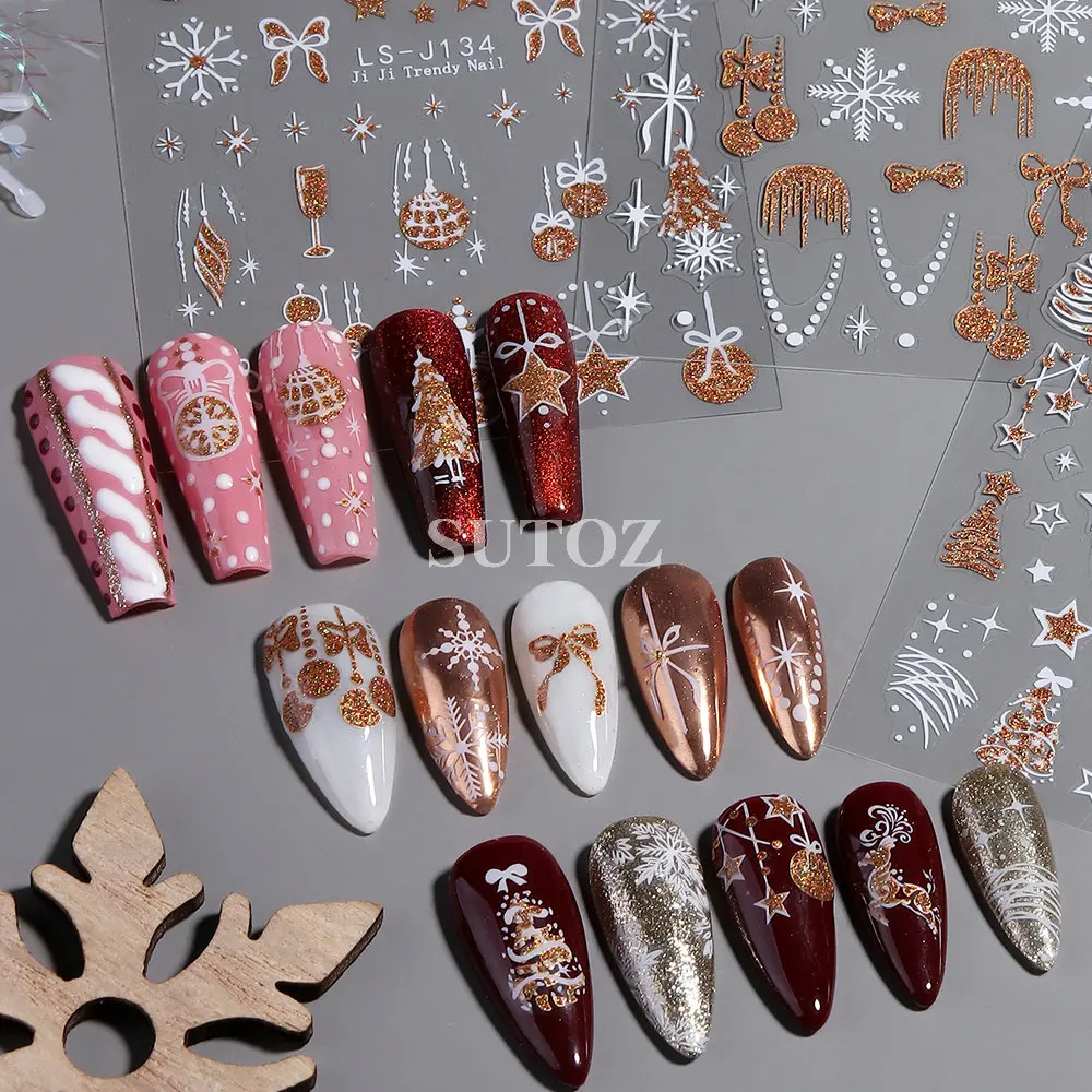 Glitter Christmas Tree Nail Stickers Gold Star Cartoon Deer Decals Snowflake Bow Nail Sliders New Year Manicure Decors LEBLS-J32