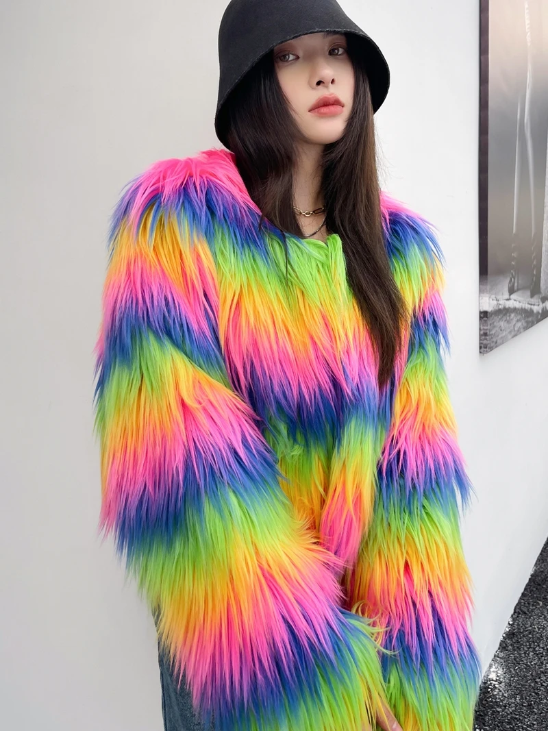 Rainbow Colored Faux Fur Coat Short Jacket Women's Clothing Free Shipping