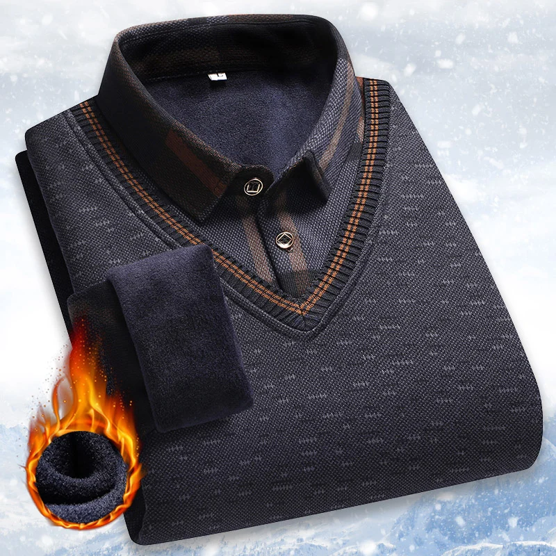 New Autumn Winter Sweaters Men's Velvet Pullover Knitted Bottom Shirts Men's Polo Pullover Wine Red Fleeced Knitwear 5