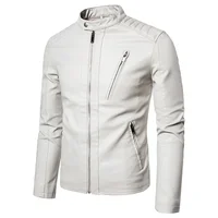 Stand Collar Jackets Fashion Casual Trend White Windproof Coat Streetwear Spring Autumn Men's Motorcycle Leather Jacket Solid 1