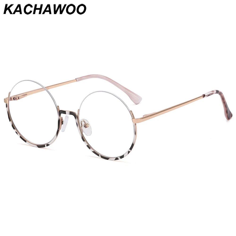 

Kachawoo female round glasses anti blue light half rim metal spectacle frame male European style white leopard birthday gifts
