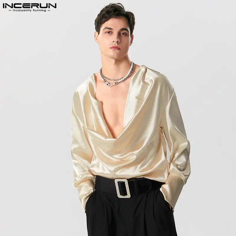 Stylish Hot Selling Tops INCERUN New Men's Fashionable Satin V-neck Shirts Casual Streetwear Male Solid Long Seeved Blouse S-5XL