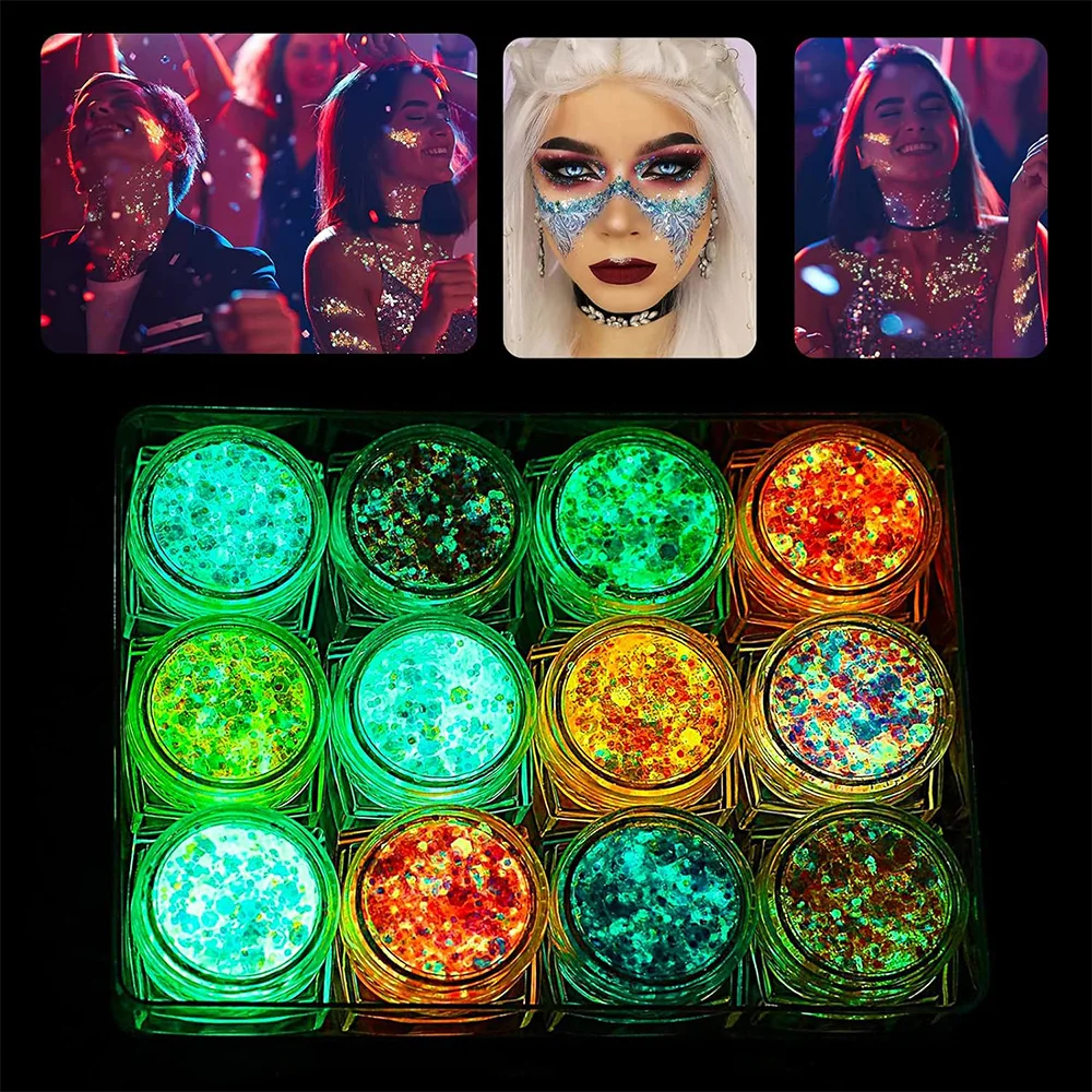 12 Colors Glitter Gel Makeup Glow in The Dark Body Glitter Gel UV Face Glitter for Women Festival Party Glitter Makeup Gel 4