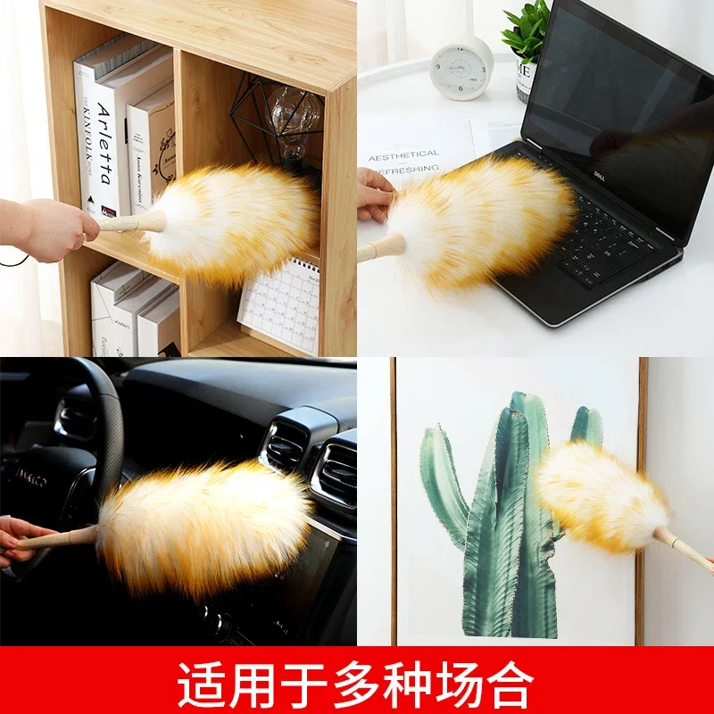 100% Real Sheep Lamb Wool Fur Duster Furniture Dust Cleaner Bursh Household Cleaning Wooden Handle Sweeper Feather Cleaning Tool