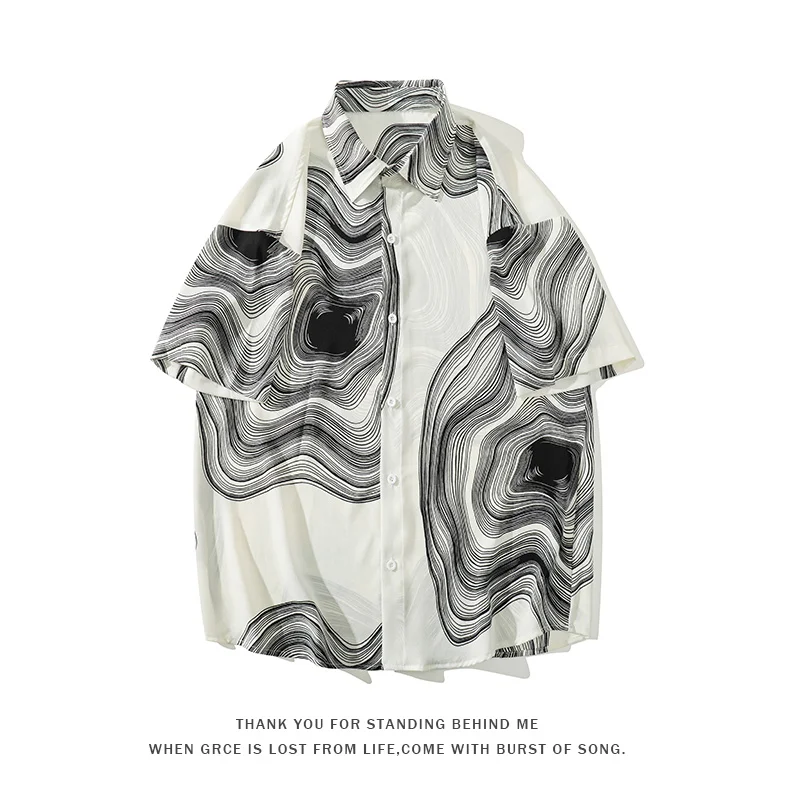 Summer Short Sleeve Shirt Men Fashion Retro Print Shirt Men Streetwear Loose Black White Ice Silk Mens Large Sizes M-5XL casual short sleeved shirt short sleeved shirt