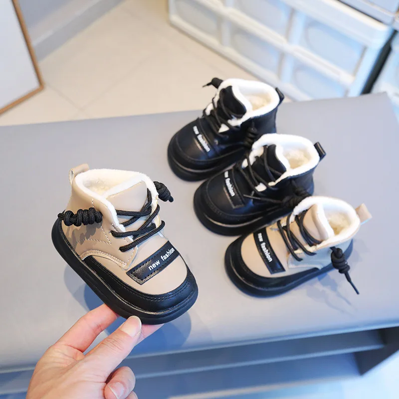 

Зимние детские ботинки из хлопка, ПУ кожи, теплые плюшевые зимние ботинки, модная Водонепроницаемая нескользящая обувь для малышей, Повседневные кроссовки для мальчиков и девочек