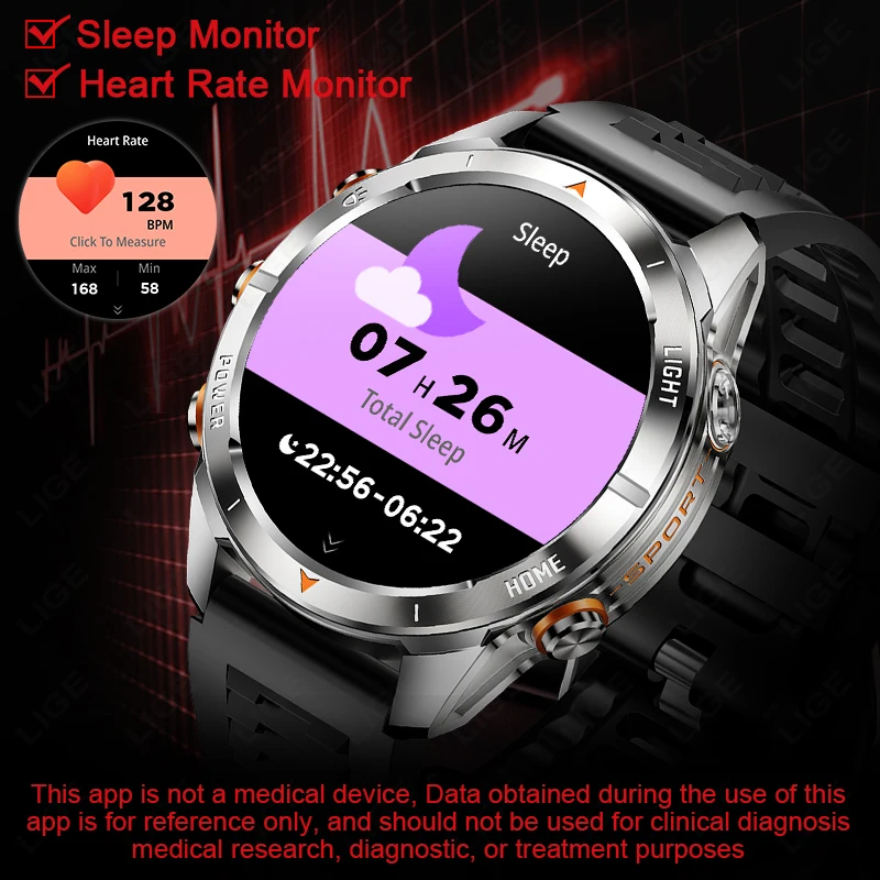 LIGE New Men Smartwatch Military 515mAh Battery Flashlight UV Lamp Heart Rate Health Monitor BT Call Smart Watch For Android IOS
