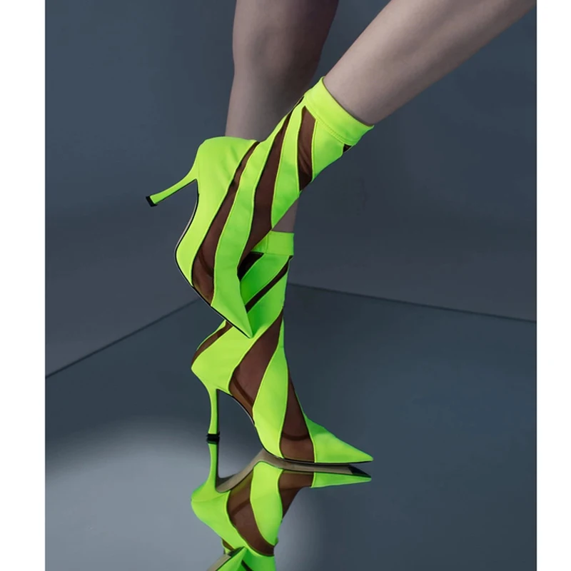 

Sexy Striped Mixed Colors Ankle Calf Booties High Heel Pointed Toe Translucent Stretch Neon Thigh Sock Boots Women's Slim Boots