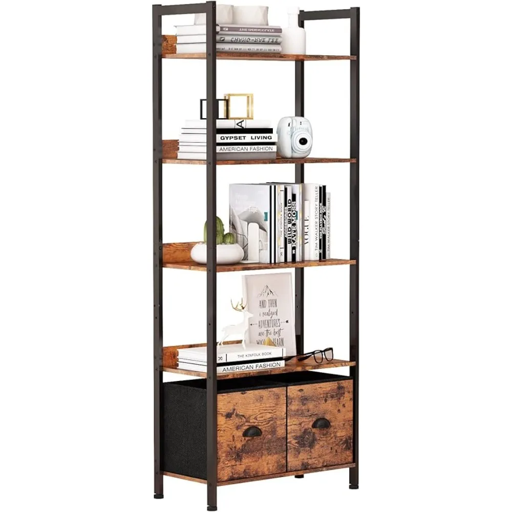 

Furologee Bookshelf, Tall Bookcase with 2 Storage Drawers, Wood and Metal Storage Shelf for Living Room, Bedroom, Home Office