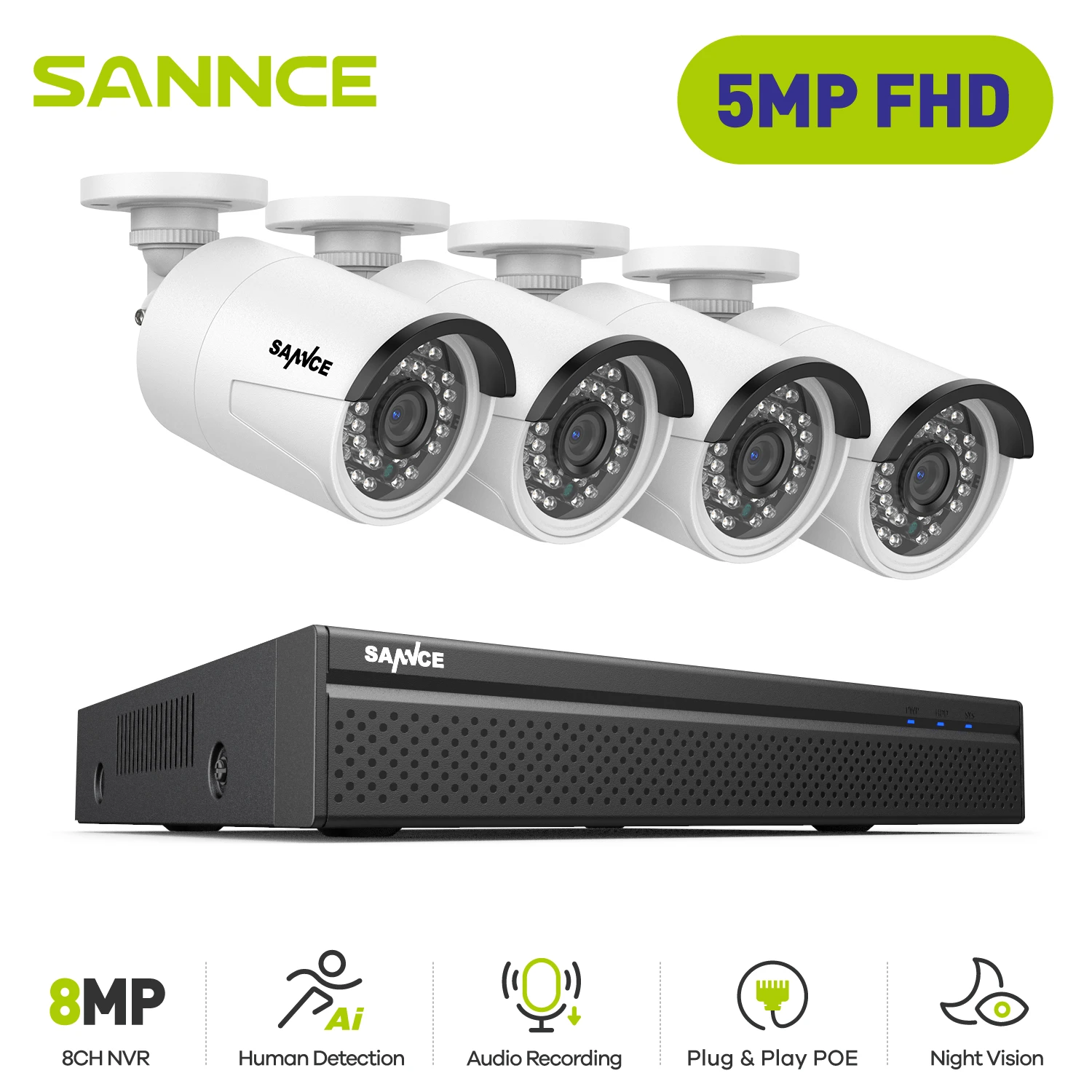 SANNCE 5MP POE Video Surveillance Cameras System 8CH H.264+ 8MP NVR