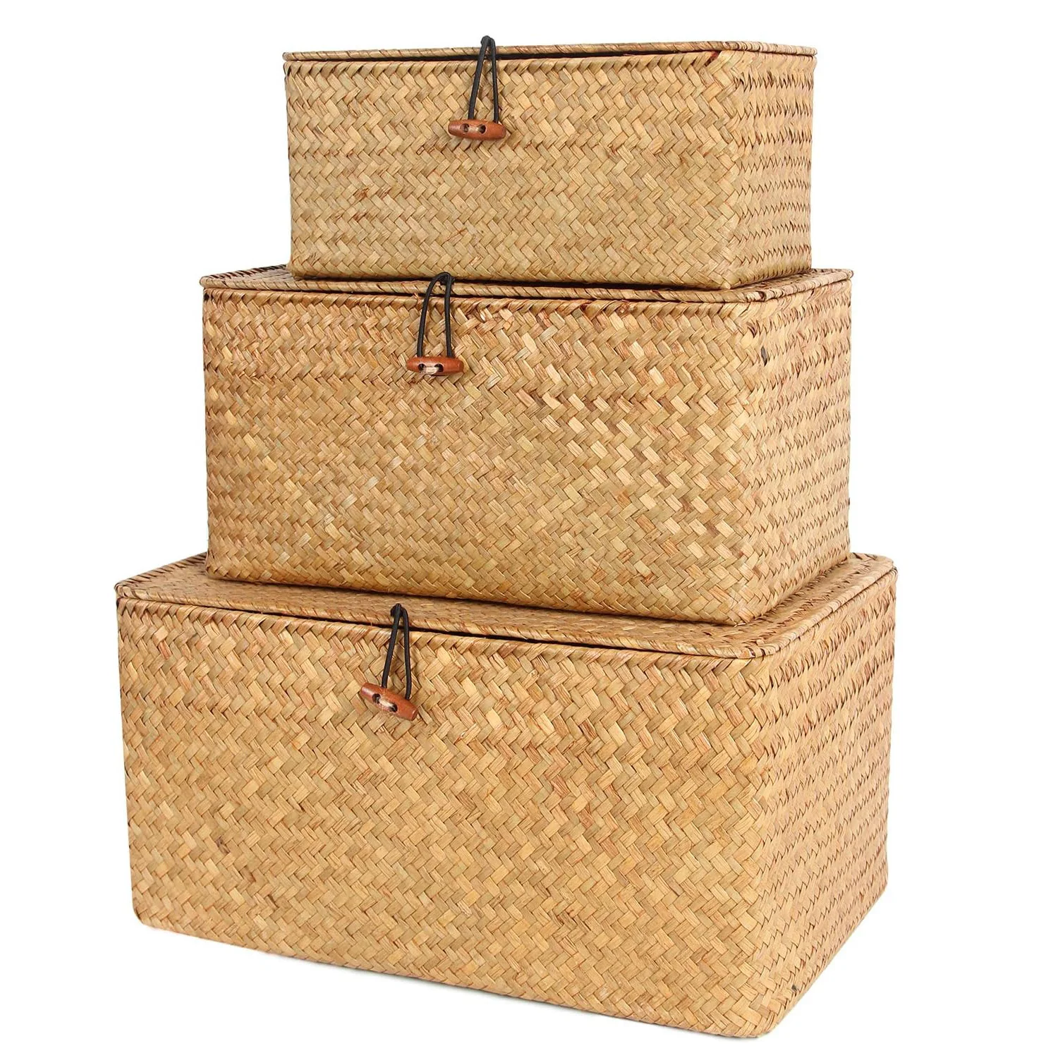 Flat Seagrass Storage Bins with Lid, Wicker Basket for Shelf Organize, Set  of 2 (Small+Large)