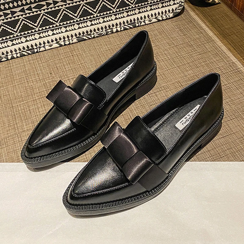 Women Oxford Shoes Leather Mary Jane Shoes 2025 British Bowknot Oxfords Woman Pointed Toe Flats Slip On Thick Heel Loafers Dress Leather Shoes Ladies Derby Mocasines Mujer