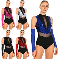 Women Sequin Dance Leotard Gymnastics Figure Skating Ballet Dance Performance Outfit Sheer Mesh Bodysuit with Gloves Dancewear - Image 5